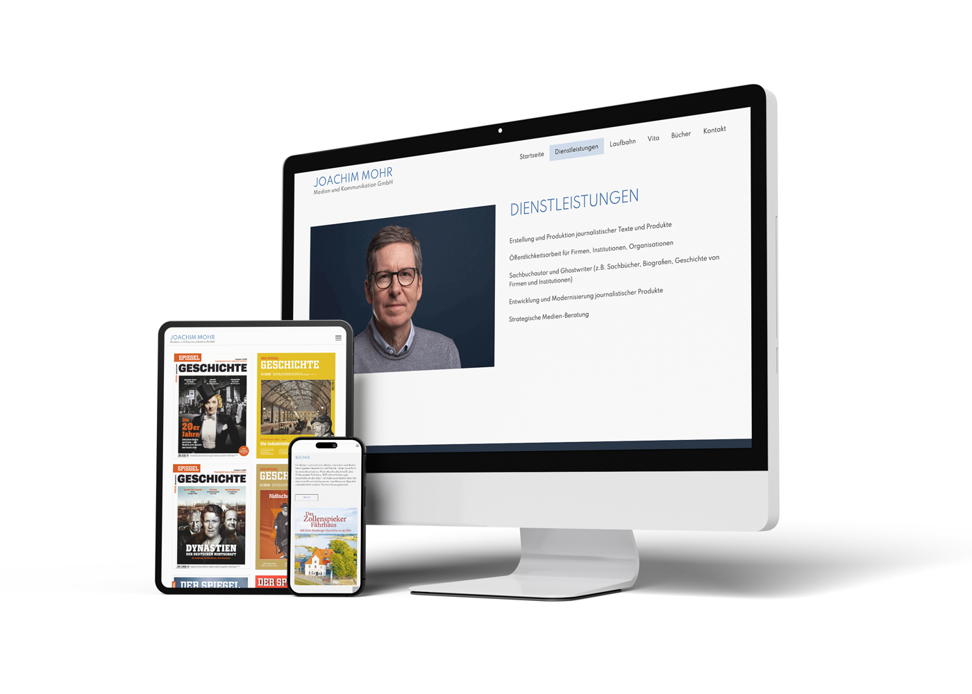 Ein Rechner, Ipad und Handy mit der Webseite des Autoren Joachim Mohr