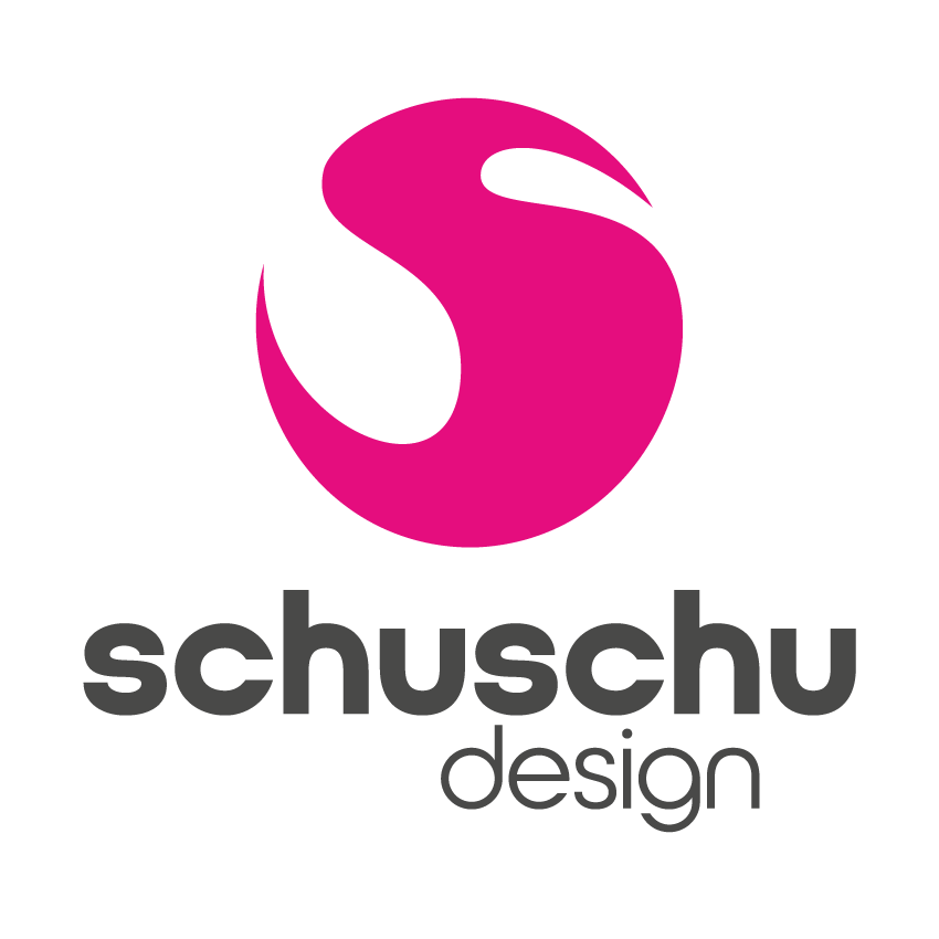 Das Logo von schuschu.design: das pinke S in From einer Hundeschnauze darunter der Text in dunklem Grau schuschu design